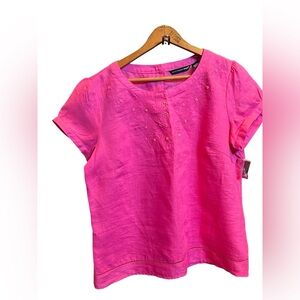 Pink 100% Lien Short Sleeve Blouse with embroidered floral design